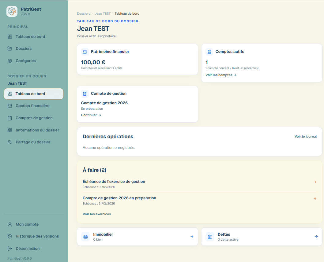 Tableau de bord de l'application PatriGest
